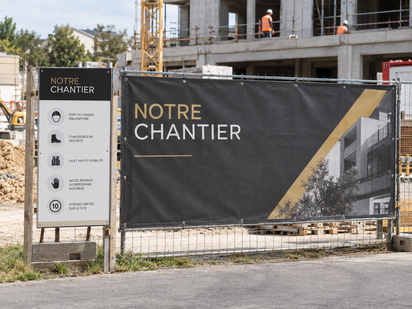 Panneau et bâche de communication installés sur un chantier BTP