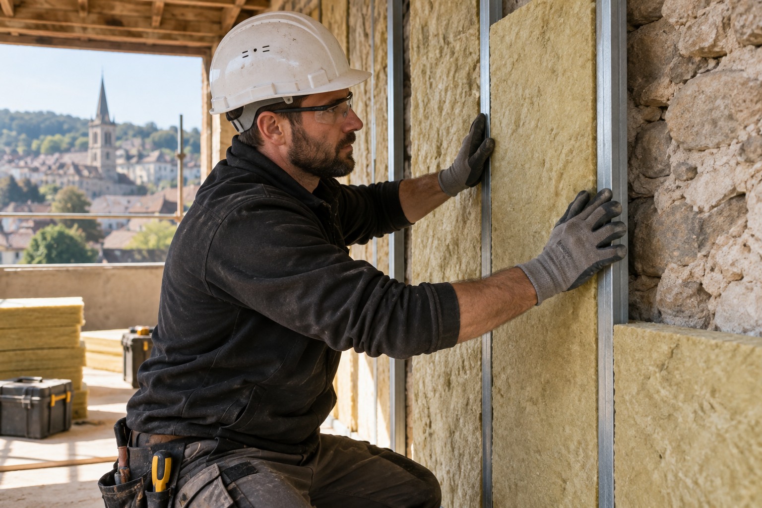 Professionnel du BTP réalisant des travaux d’isolation et d’efficacité énergétique