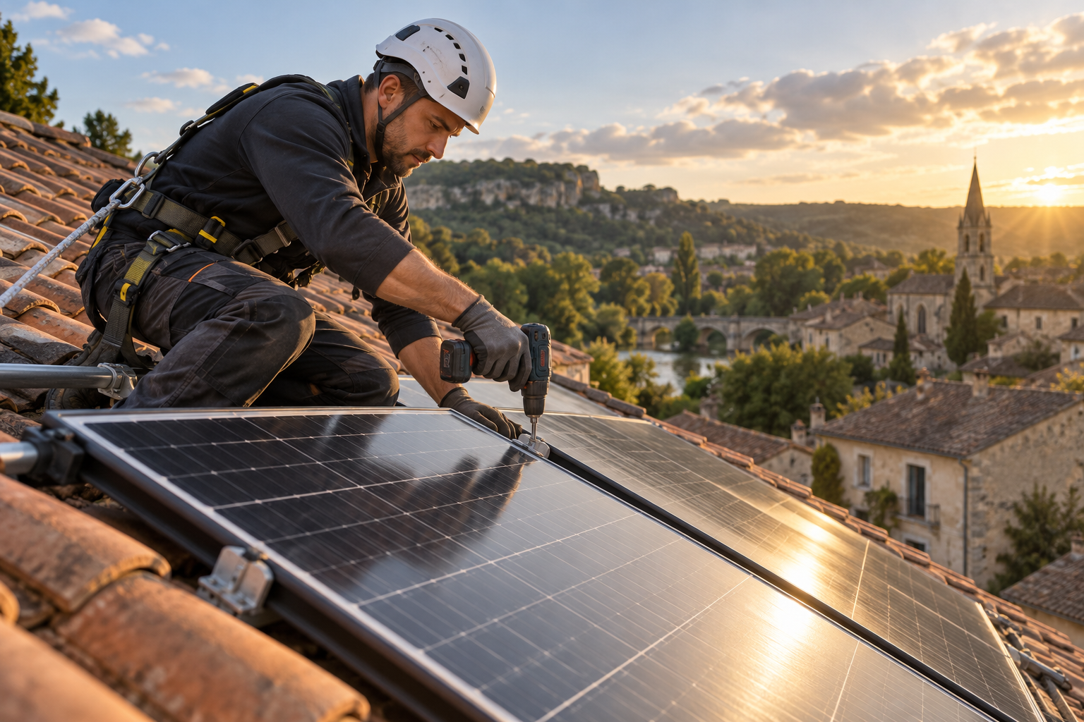 Installateur qualifié posant des panneaux photovoltaïques sur une toiture